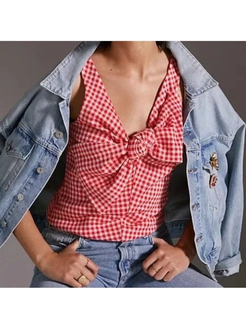 Anthropologie Eva Franco Red and White Checkered Gingham Bow Tank Top Size Small